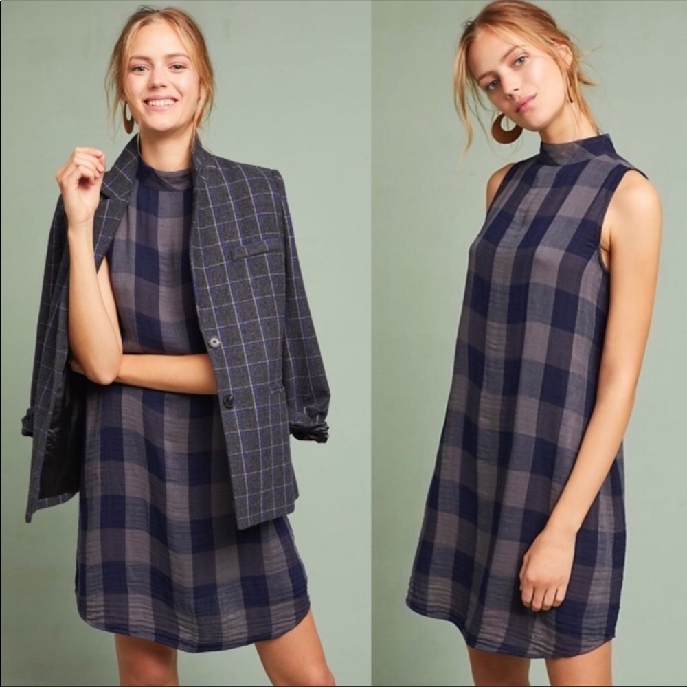 Anthropologie Navy and Gray Plaid Sleeveless Mini Dress